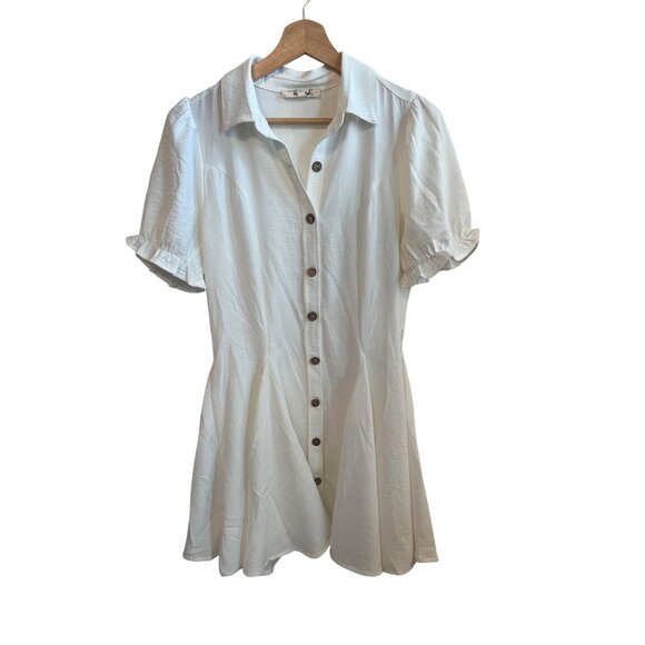 Hint Of Blush White Button-Up Short Sleeve Pleated Mini Dress Women's Size M - Picture 1 of 5